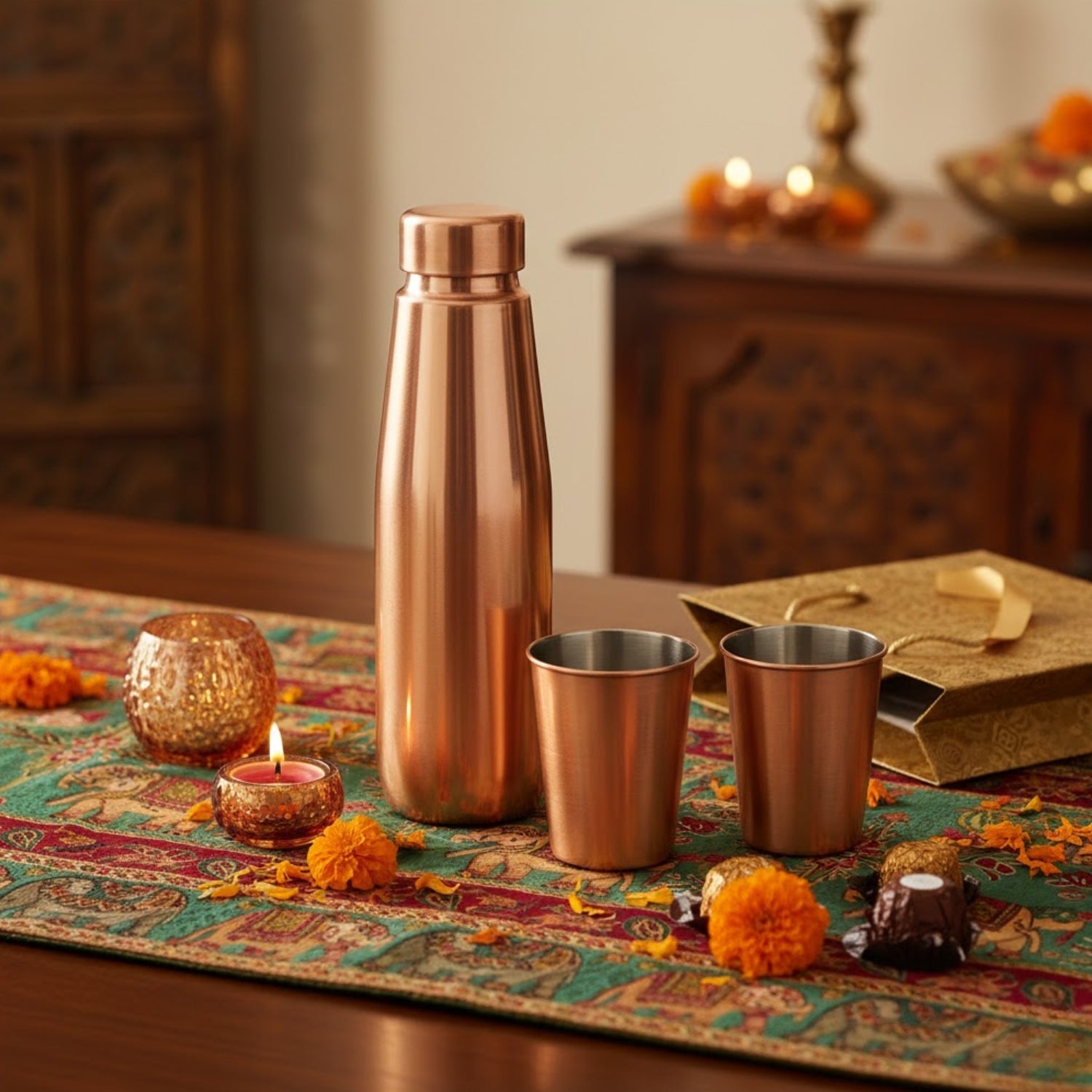 Premium Copper Bottle & Glass Celebration Gift Pack (800 ML Bottle + 2 Glasses)