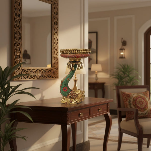 Handcrafted Brass Peacock Stand Urli with Stone Work – Floor Standing Floating Candle Bowl