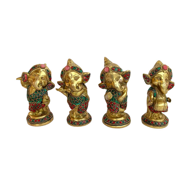 Handcrafted Brass Musical Ganesha Idol Set with Stone Work (Set of 4)