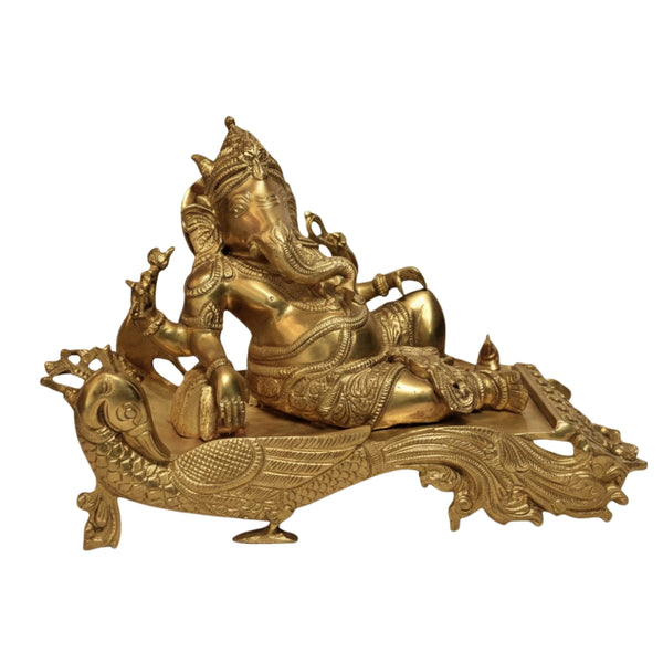 Handcrafted Brass Reclining Ganesha on Peacock | Premium Decorative Idol for Home & Temple