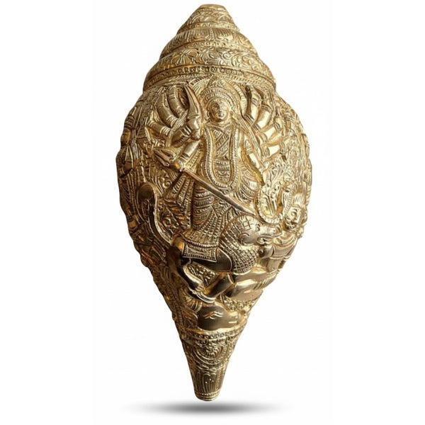Handcrafted Brass Conch Shell with Durga Carving | Sacred Pooja & Vastu Decor