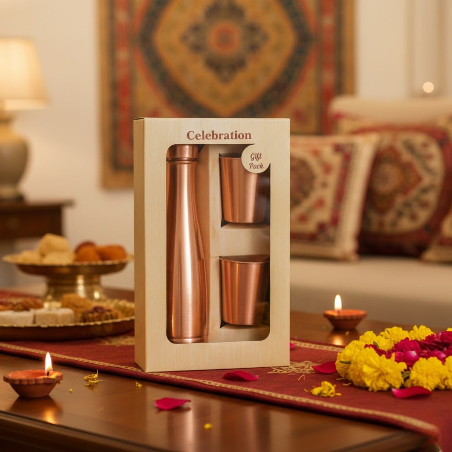Pure Copper Celebration Gift Set – 700 ml Bottle with 2 Glasses
