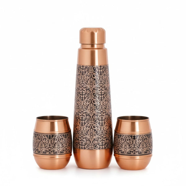 Designer Engraved Copper Bottle & Glass Celebration Gift Pack (800 ML Bottle + 2 Glasses)