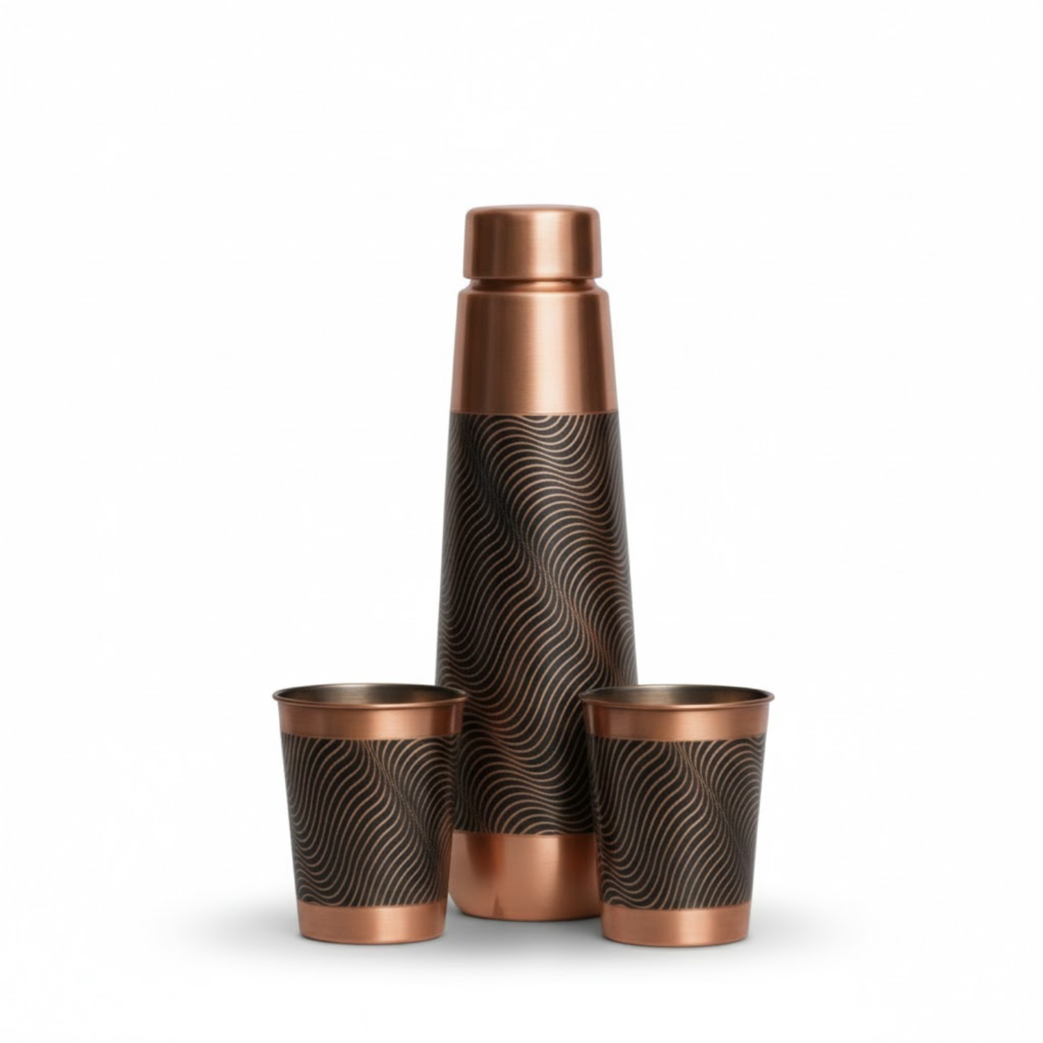 Designer Wave Pattern Copper Bottle & Glass Celebration Gift Pack (800 ML Bottle + 2 Glasses)