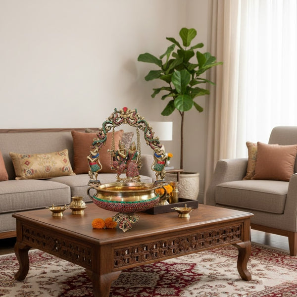 Handcrafted Brass Radha Krishna Jhula Urli with Stone Work – Floating Candle & Flower Bowl