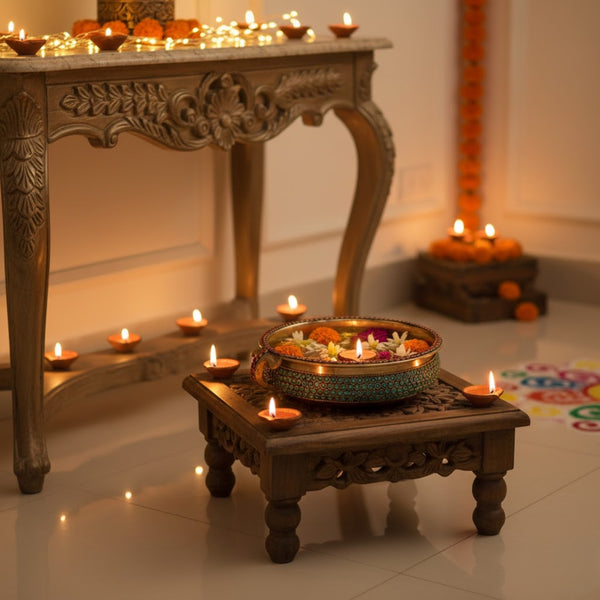 Handcrafted Brass Urli with Stone Inlay & Elephant Handle – Decorative Floating Flower Bowl