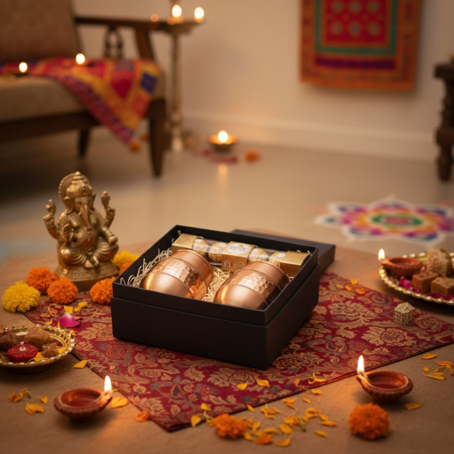 Pure Copper Tumbler Gift Set (300 ML) with Ferrero Rocher | Luxury Festive Gifting