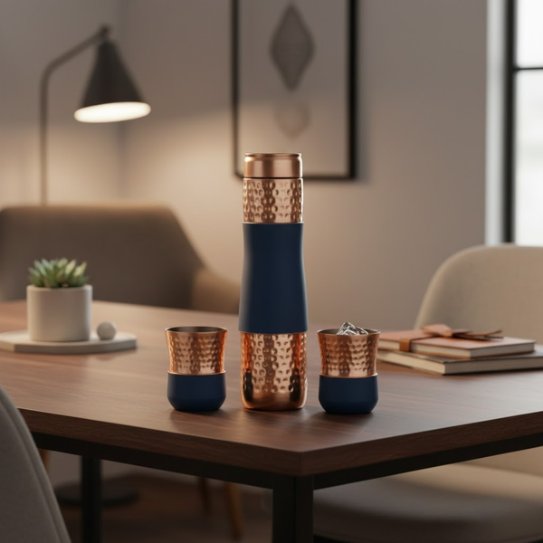 Hammered Copper Bottle & Glass Celebration Gift Pack with Blue Sleeve (900 ML Bottle + 2 Glasses)