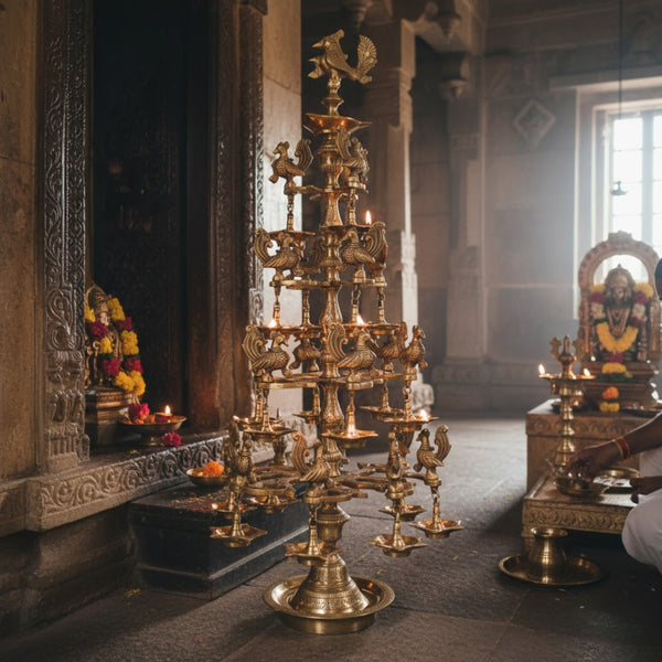 Handcrafted Brass Peacock Kuthu Vilakku – Traditional Floor Standing Oil Lamp (39 Inch)