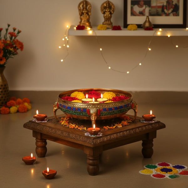 Handcrafted Brass Urli with Stone Inlay – Decorative Floating Flower Bowl (12 Inch)