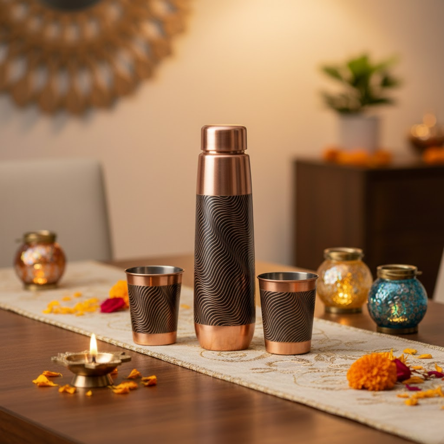 Designer Wave Pattern Copper Bottle & Glass Celebration Gift Pack (800 ML Bottle + 2 Glasses)