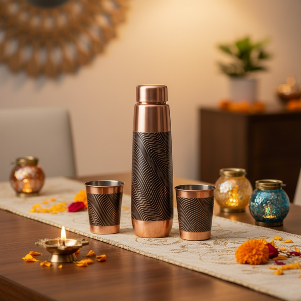 Designer Wave Pattern Copper Bottle & Glass Celebration Gift Pack (800 ML Bottle + 2 Glasses)