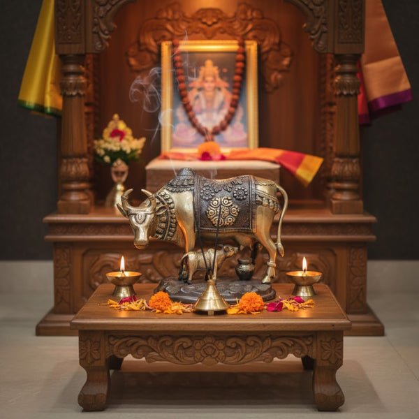 Handcrafted Brass Sacred Cow & Calf Idol – Symbol of Nourishment, Abundance & Divine Blessings