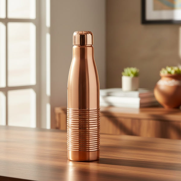 Pure Copper Ribbed Water Bottle 1050 ML | Large Capacity Ayurvedic Copper Bottle