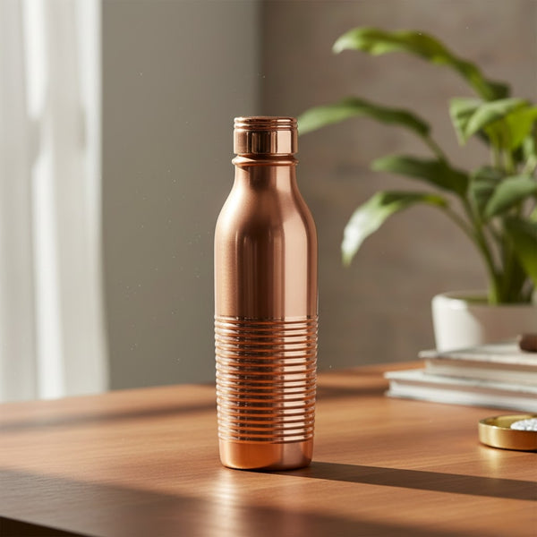 Pure Copper Ribbed Water Bottle 750 ML | 99% Copper Ayurvedic Drinkware