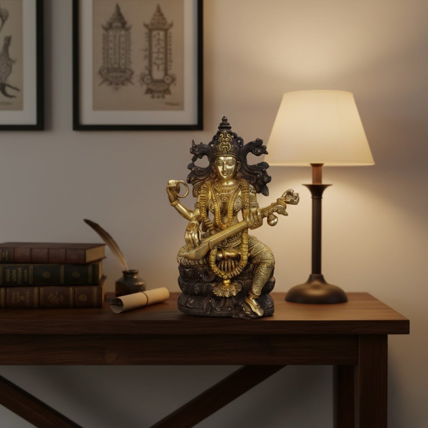 Handcrafted Pure Brass Goddess Saraswati Idol 15 Inch | Premium Saraswati Murti for Pooja & Study Room