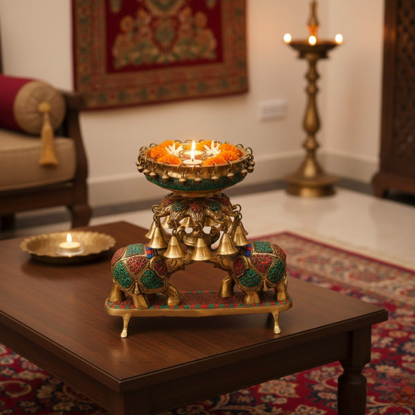 Handcrafted Brass Elephant Motif Urli with Stone Work & Hanging Bells – 14 Inch Decorative Bowl