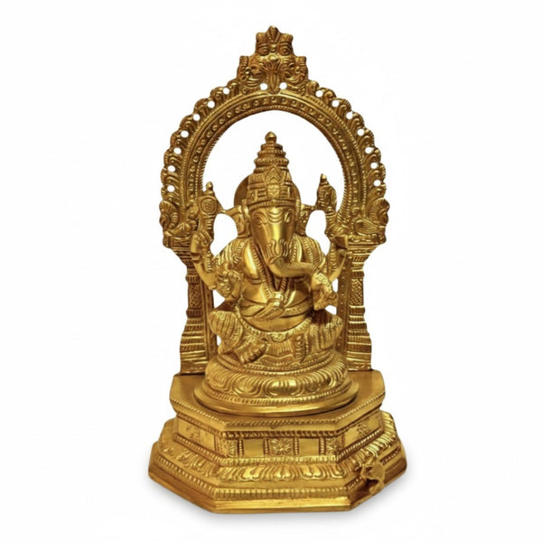 Brass Ornate Prabhavali Ganesha Idol – Handcrafted Pure Brass Temple Decor