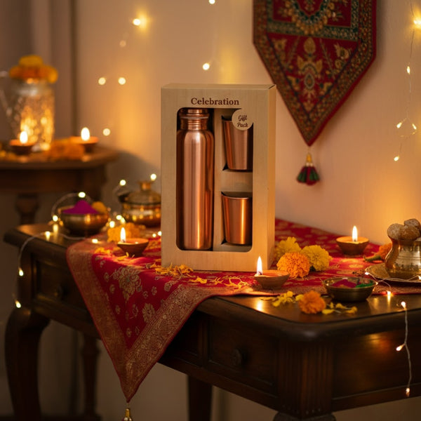 Pure Copper Bottle & Glass Gift Set (900 ML Bottle + 2 Glasses) | Celebration Gift Pack
