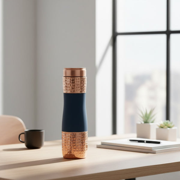 Shilpveda Hammered Pure Copper Water Bottle with Navy Grip – 1 Litre
