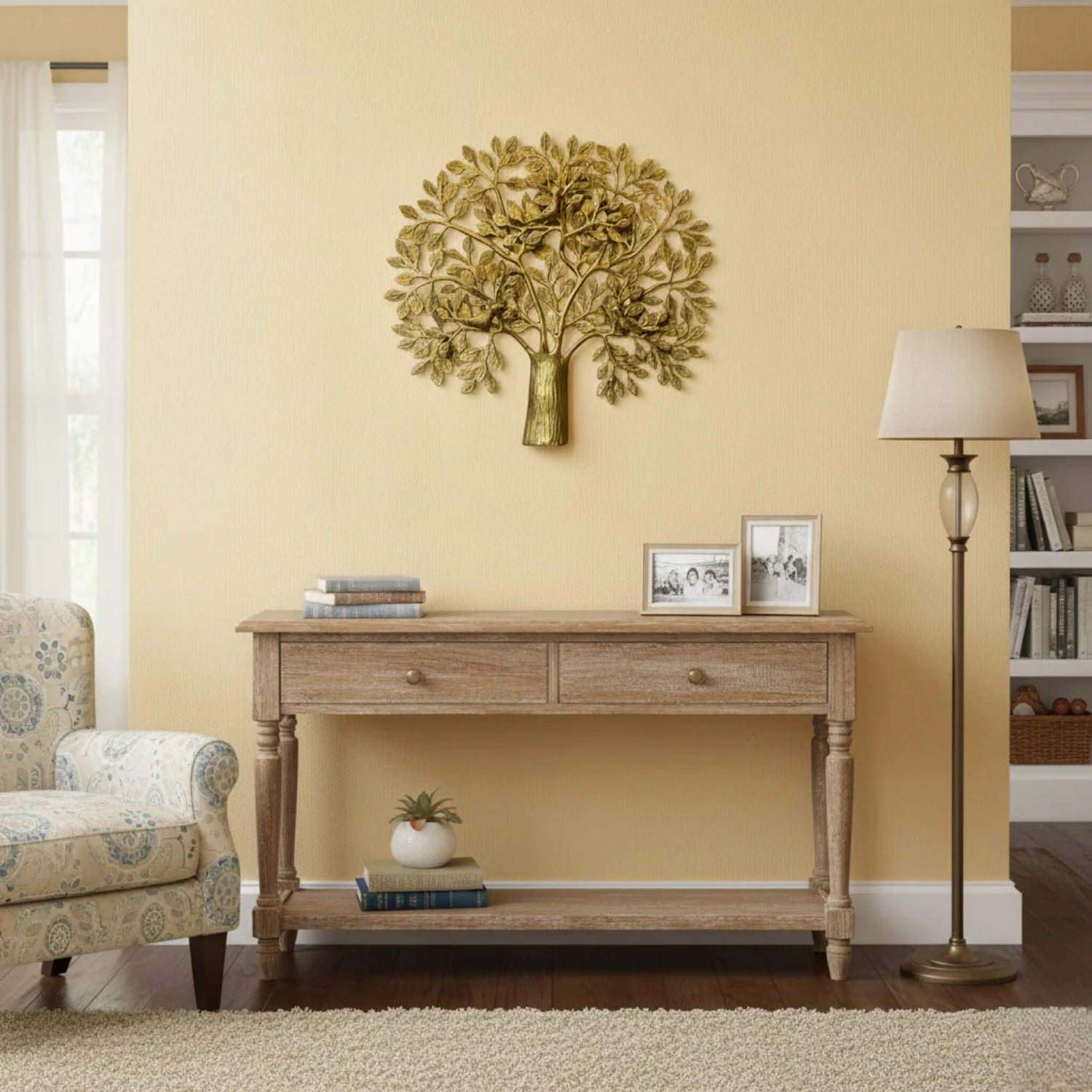 Brass Kalpavriksha wall decor in luxury living room