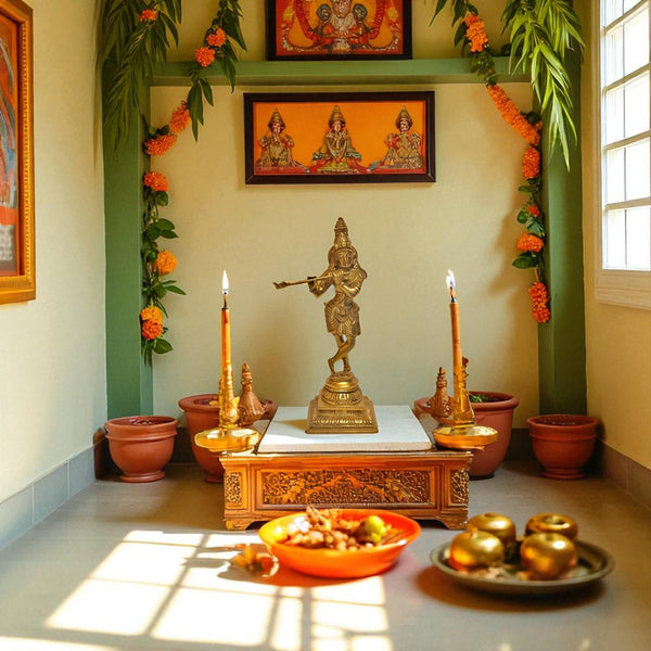 Handcrafted Brass Krishna Playing Flute Idol – Premium Hindu God Statue for Home Temple & Spiritual Decor