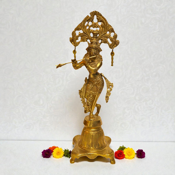 Handcrafted Brass Krishna Playing Flute Statue with Decorative Arch
