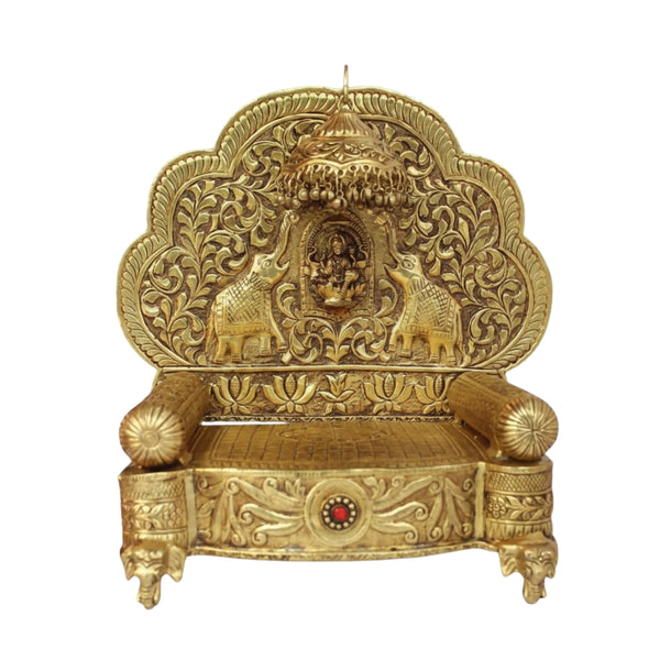 Handcrafted Brass Pooja Singhasan with Lakshmi Motif – Traditional Temple Seat (15 Inch)