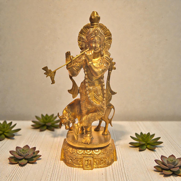 Handcrafted Brass Radha Krishna with Cow Statue