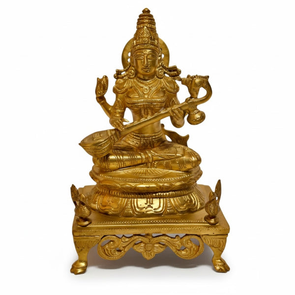 Handcrafted Brass Goddess Saraswati Idol with Veena on Chowki – 9 Inch
