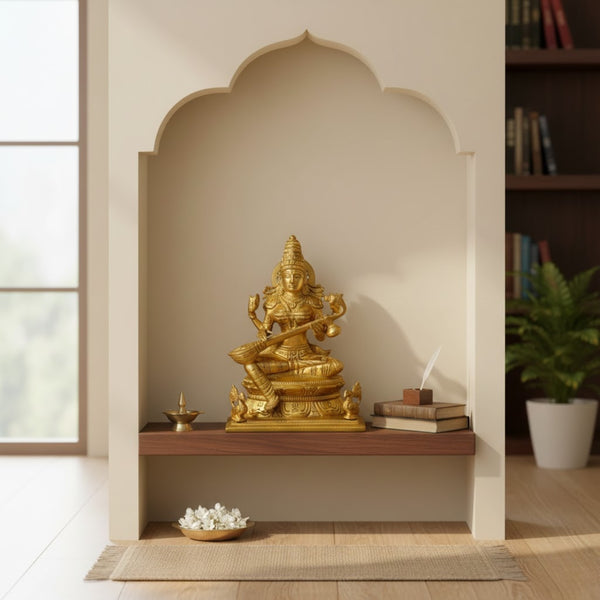 Brass Goddess Saraswati Idol with Veena – Premium Spiritual Décor