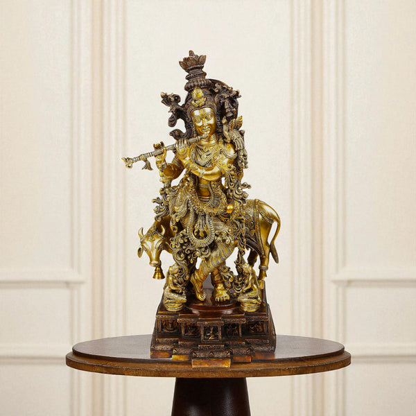 Handcrafted Brass Radha Krishna with Cow Statue