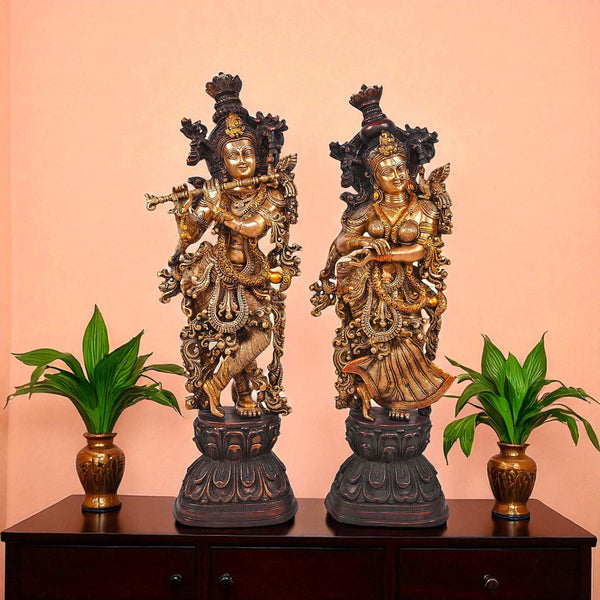 Handcrafted Large Brass Radha Krishna Statue Set